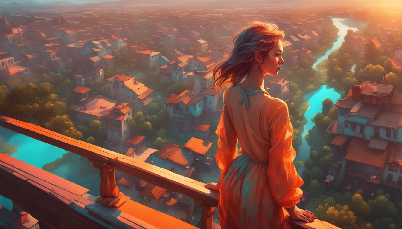 Woman Escapes Disco into Summer Landscape, Hyperdetailed Art