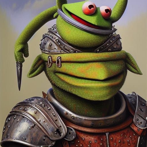 Kermit the Frog in Giger Armor, Hyperrealistic Oil Painting