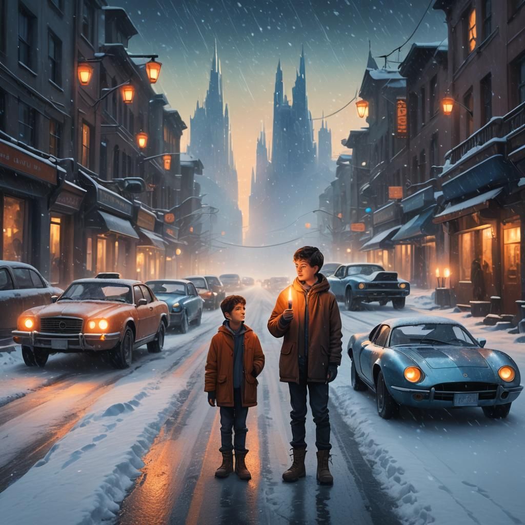 Boy with Candle on Snowy Futuristic Road