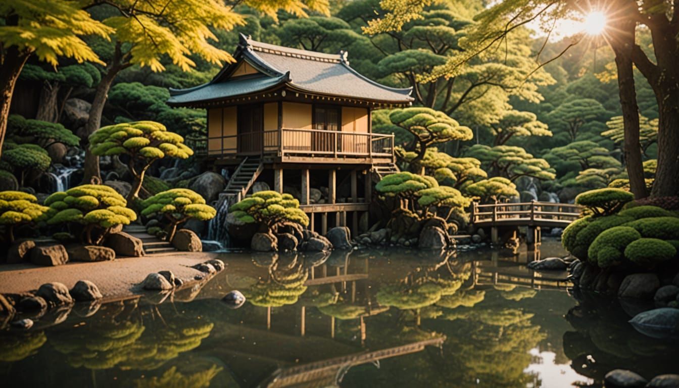Rustic Japanese Wood House Beside Serene Lake with Turning W...