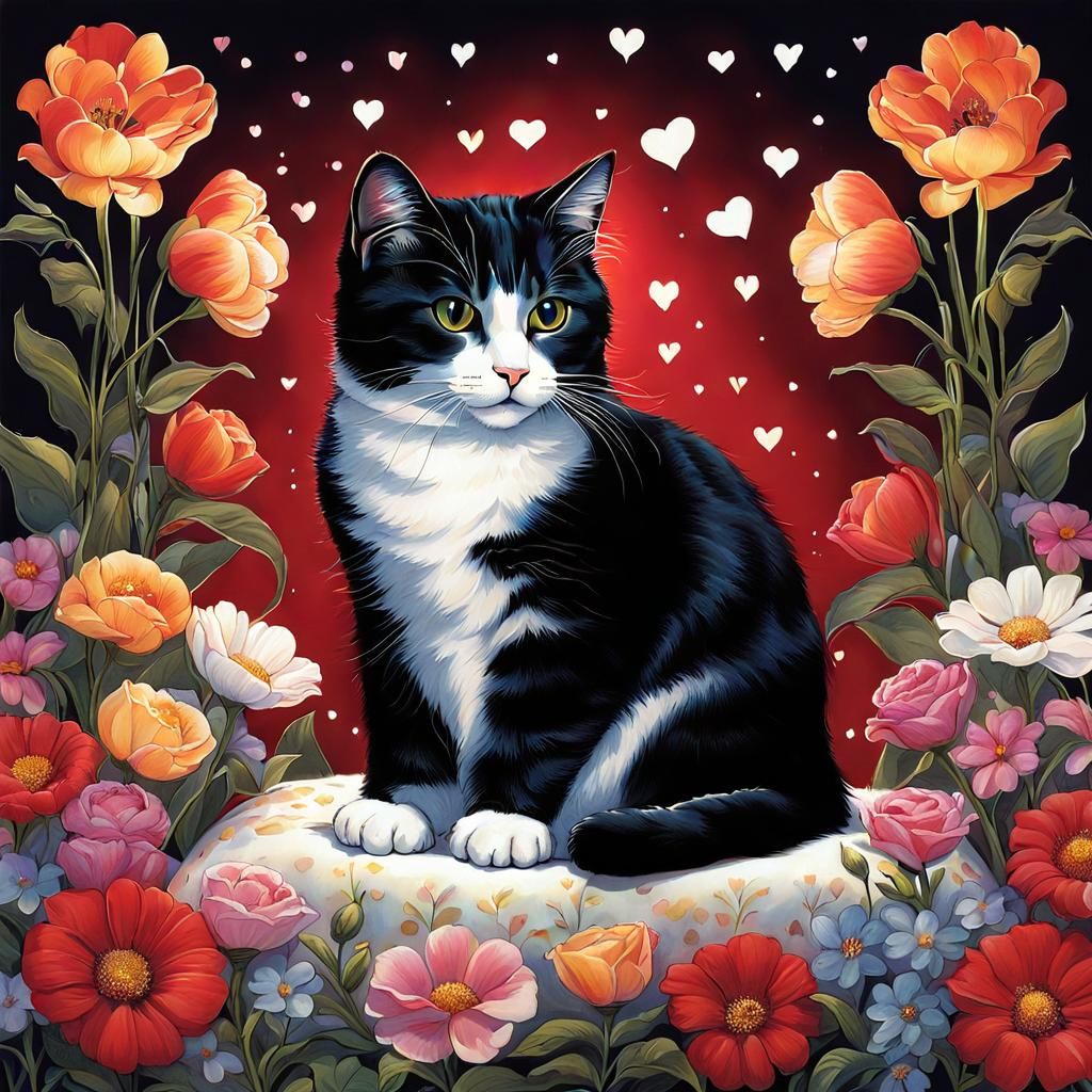 Cute Cat Surrounded by Flowers, Digital Art