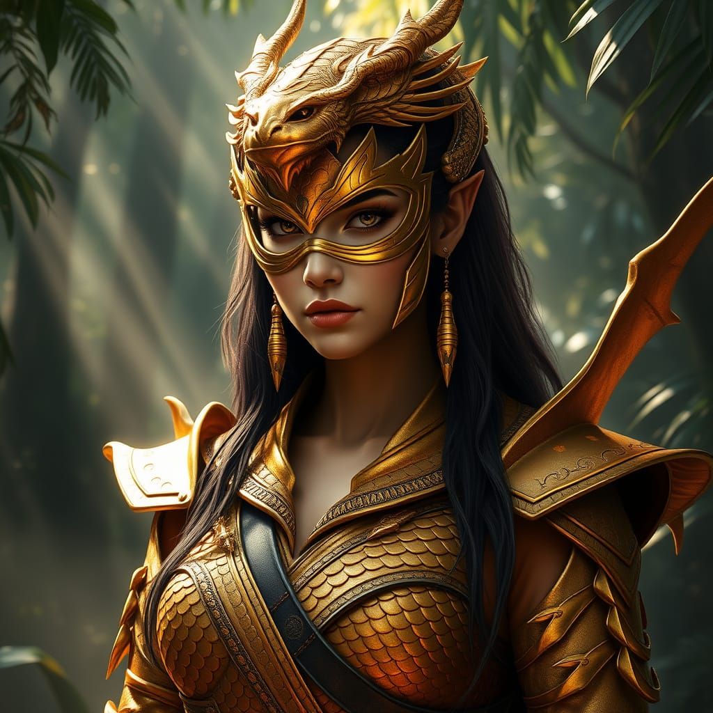 Regal Amazonian Warrior Goddess in Golden Dragon Armor