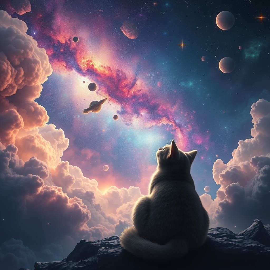 Cosmic Feline Contemplation in Whimsy
