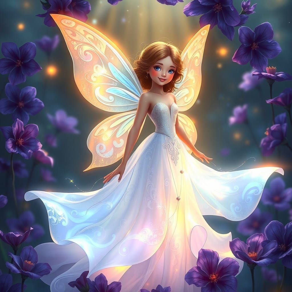 Ethereal Fairy in Holographic Gown with Translucent Wings