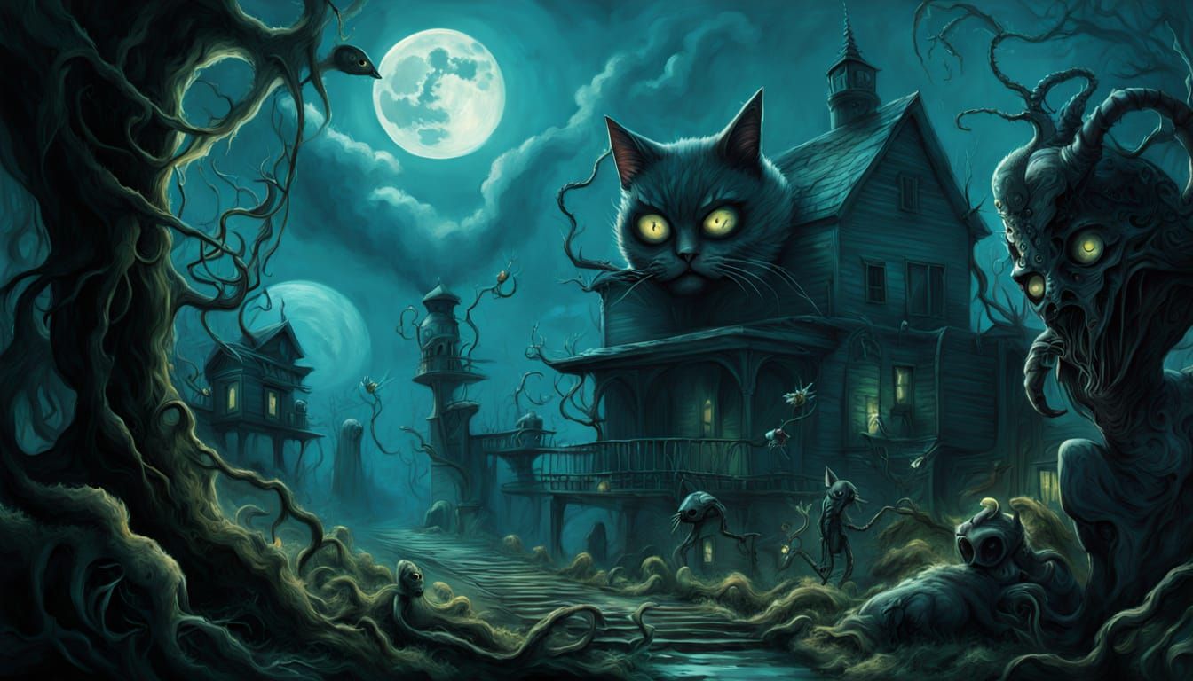 Kaiju Cat in Moonlit, Overgrown Garden