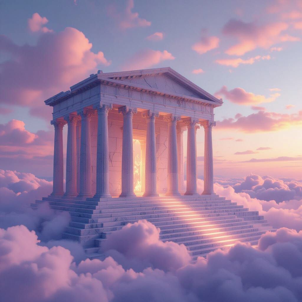 Ancient Marble Temple Floating in Pastel Clouds