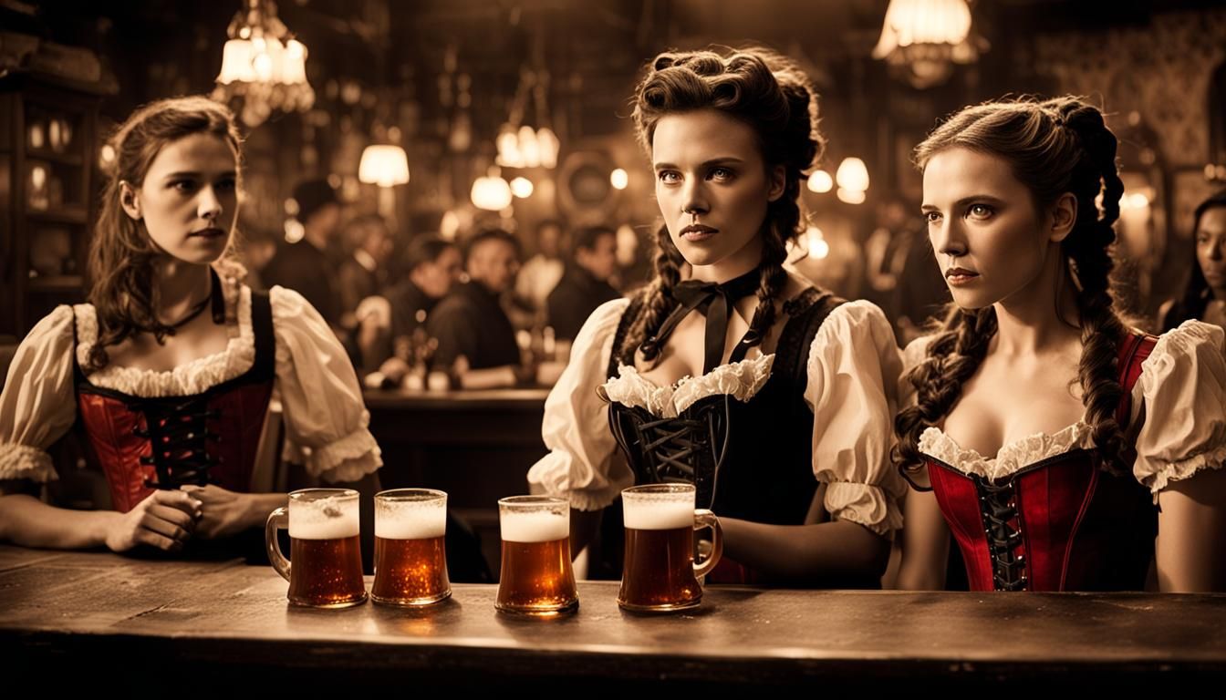 A wide angle view of an old west saloon interior, tight focus on female bartenders