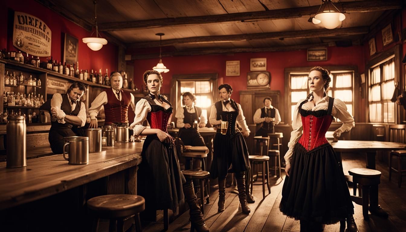 A wide angle view of an old west saloon interior, tight focus on female bartenders