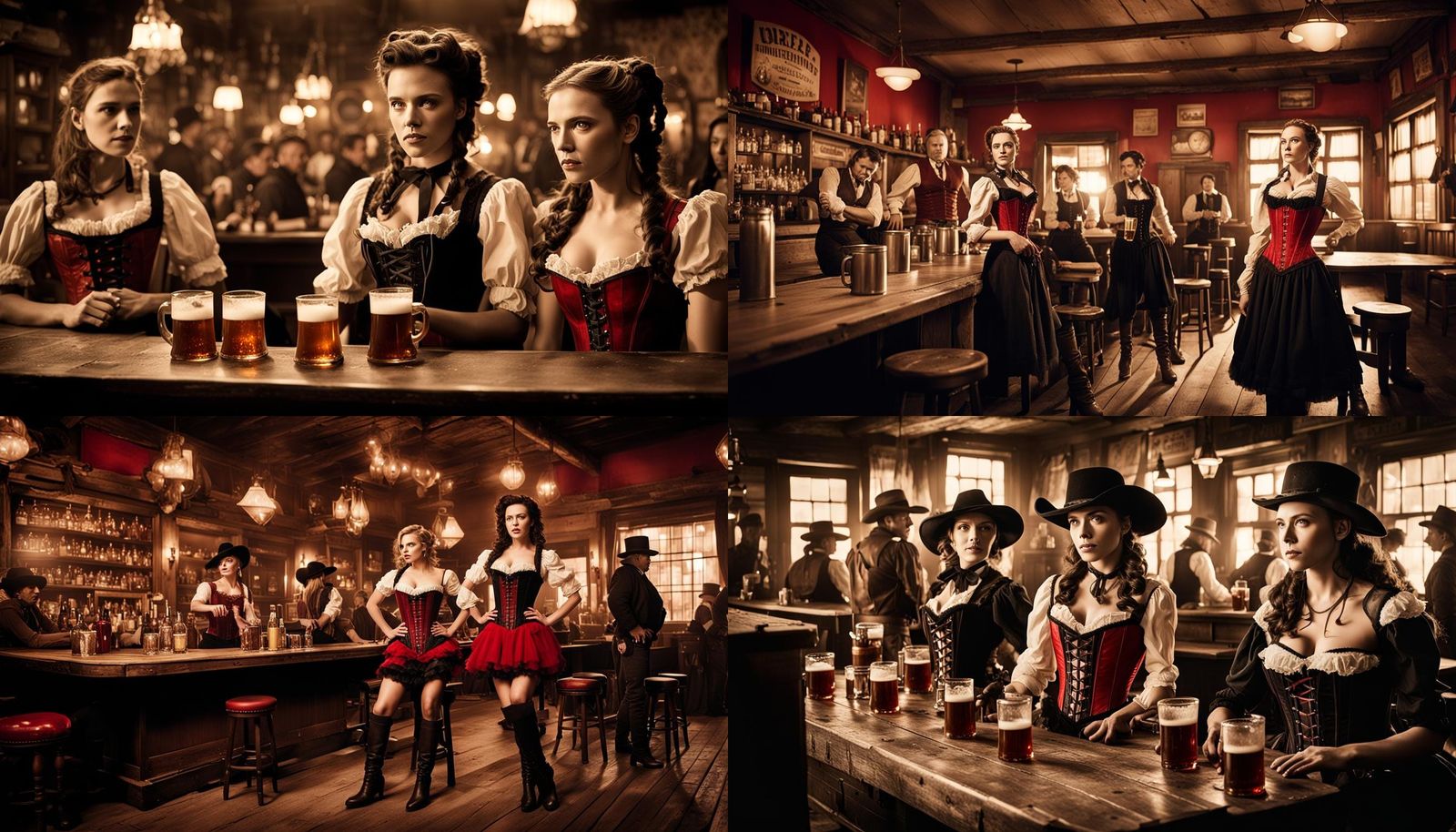 A wide angle view of an old west saloon interior, tight focus on female bartenders