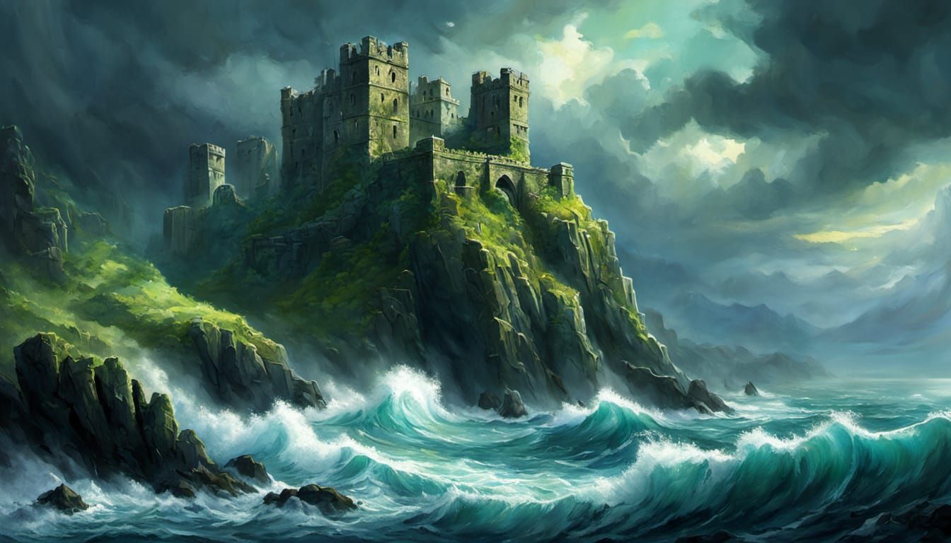 Nature's Symphony Over Stormy Seas in Dark Fantasy Style