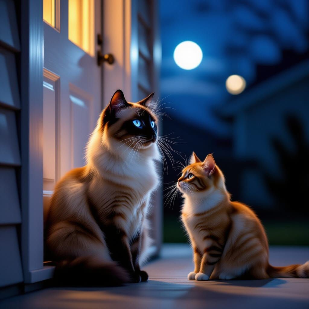 Siamese Cat Waiting By Door Under Moonlight