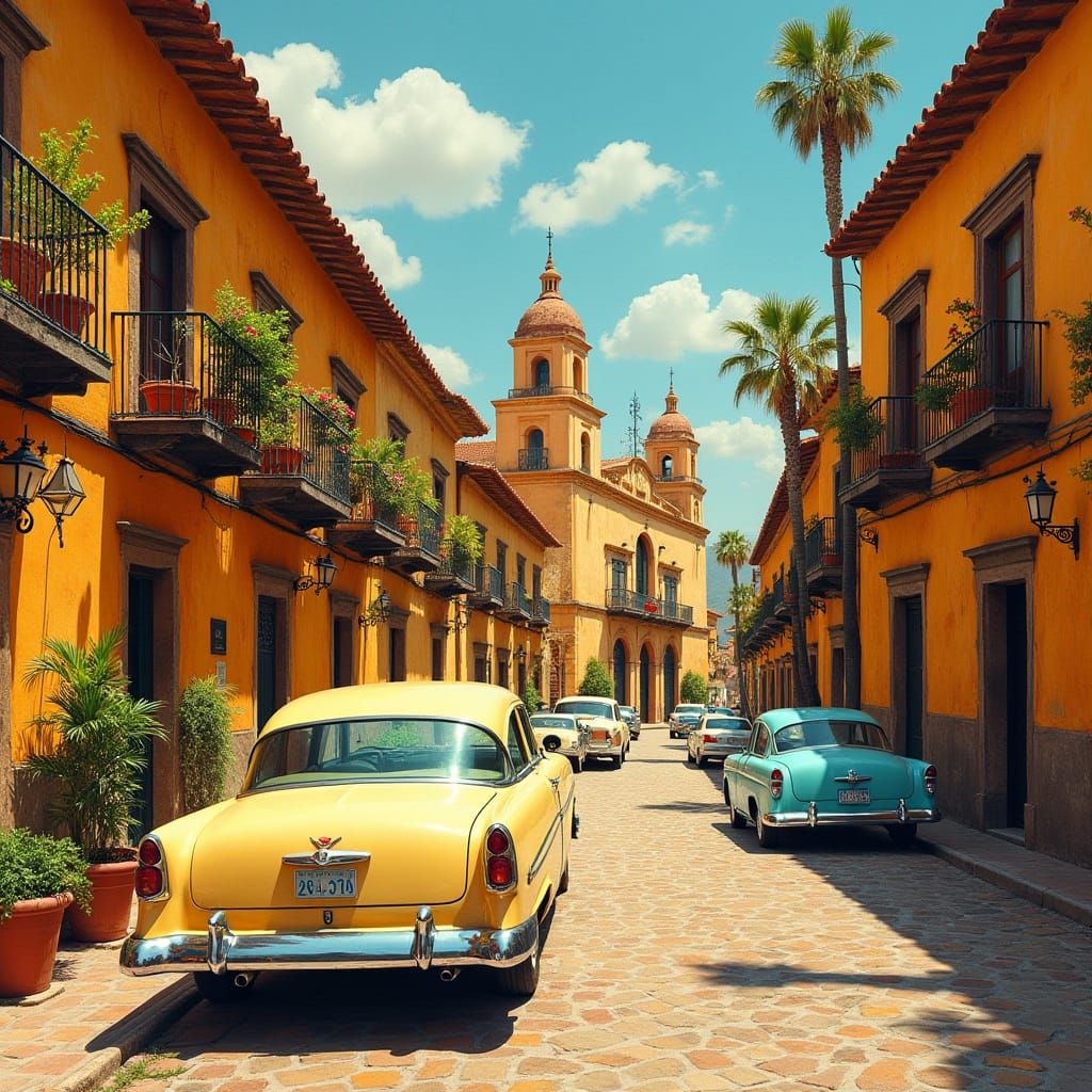 Spanish Colonial Town Scene with Vintage American Cars