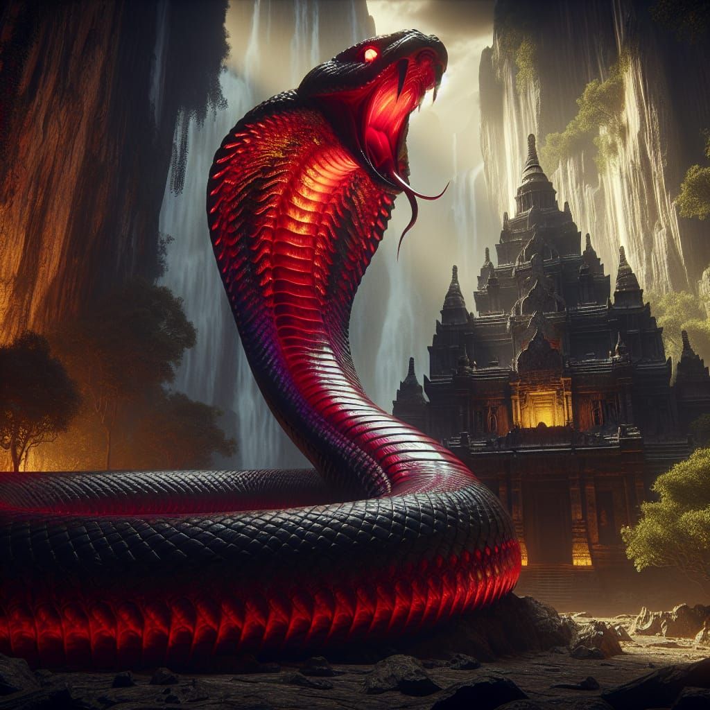 Giant Cobra Guarding Ancient Temple in Jungle
