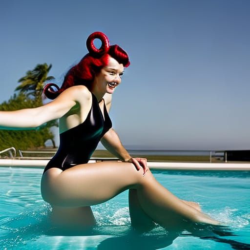 Bettie Page with Octopus Hair in Pool