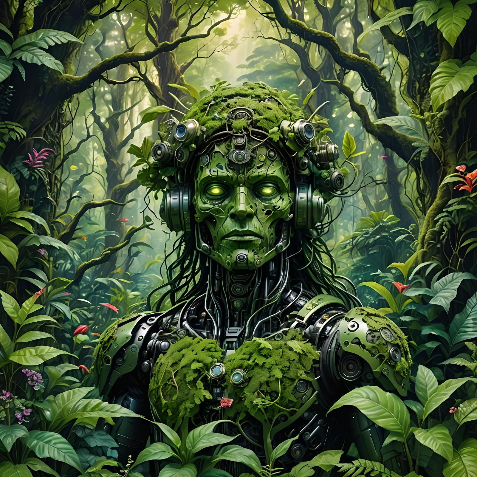 Cyborg Camouflage in a Bright Green Fantasy Forest