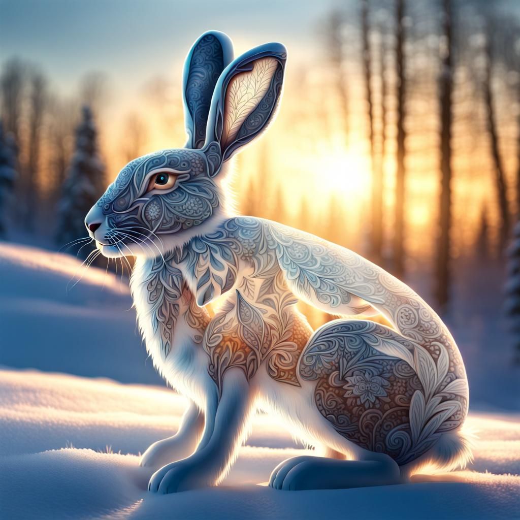 Magical Patterned Ice Hare in Snowy Clearing