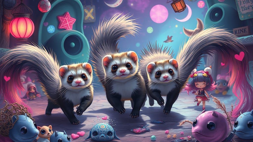 Ferrets and Chibi Children in Surreal Neon Fantasy