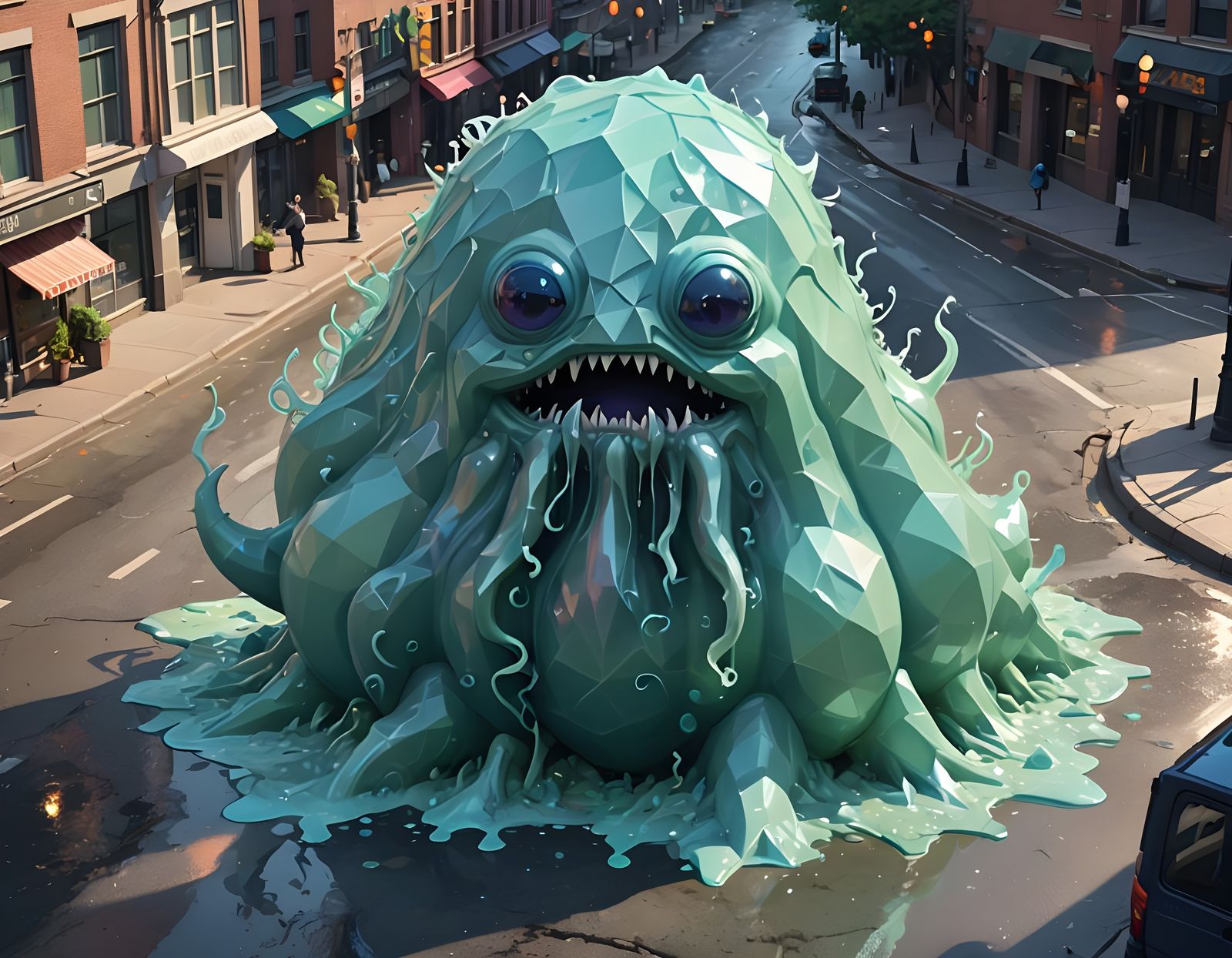 Gelatinous Monstrosity Invades the City in a Low Poly, Isome...