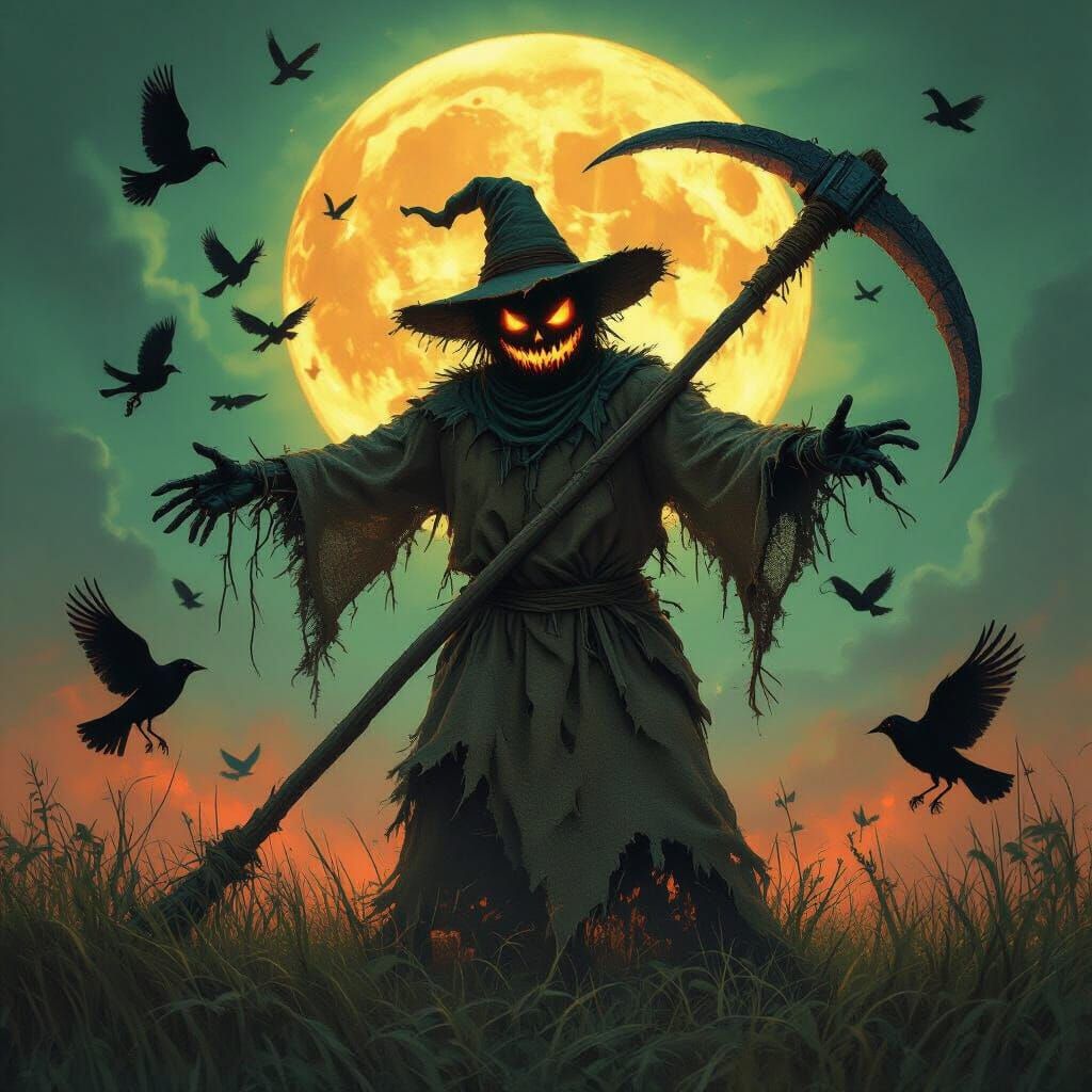 Werewolf Scarecrow with Crows and Ghost Scythe Under Pumpkin...