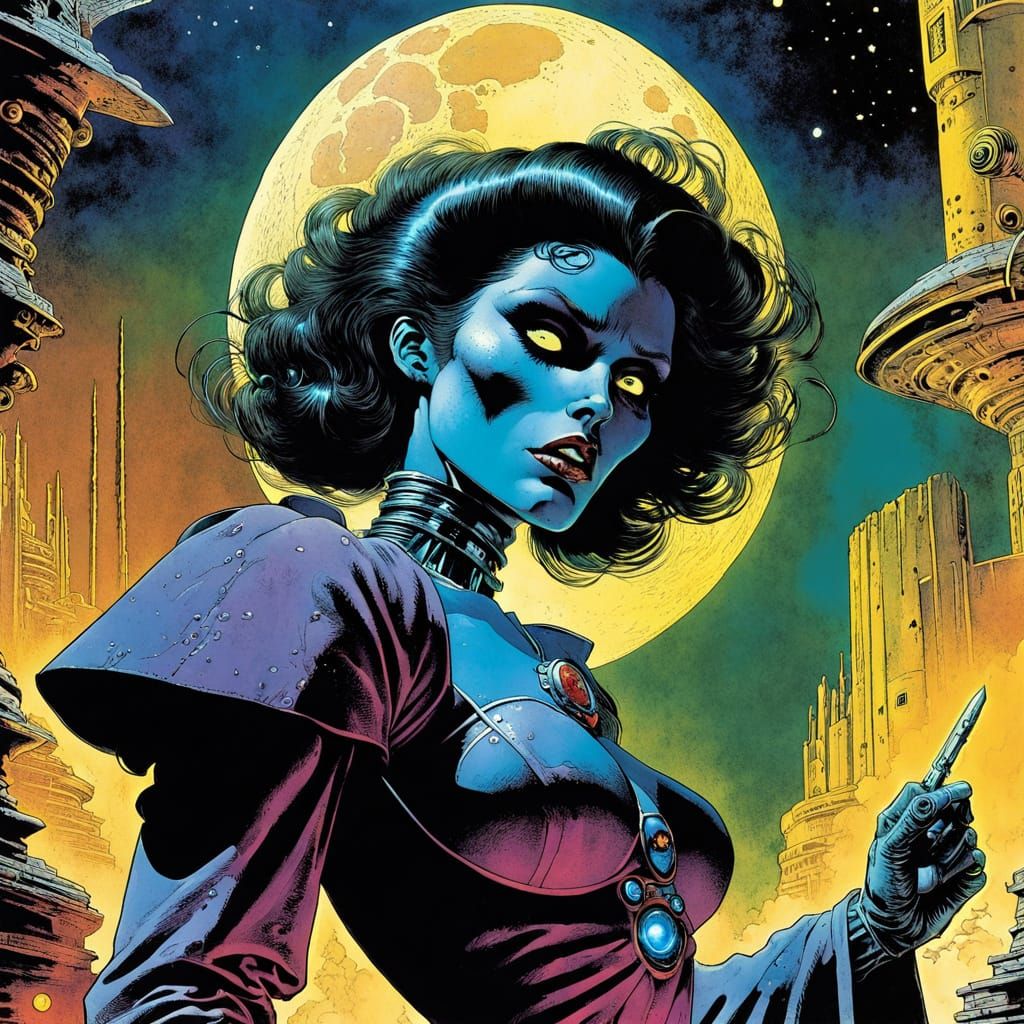 Macabre Moonlit Mystery in Retro Sci-Fi Comic Style