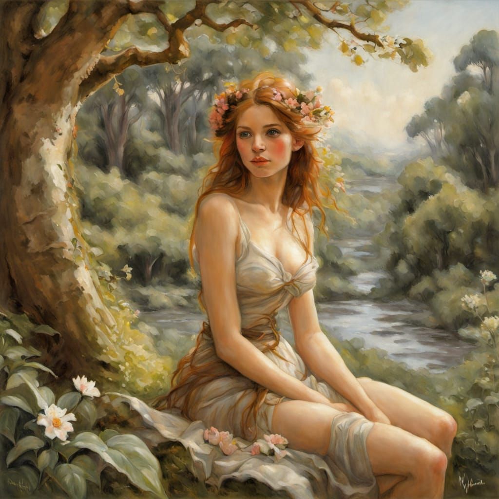 Nymph in Enchanted Grove Landscape
