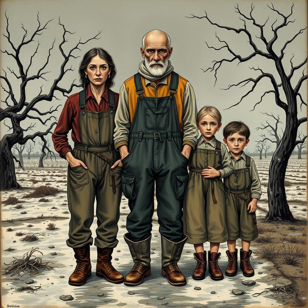 Solemn Farmers in Expressionist Winter Landscape