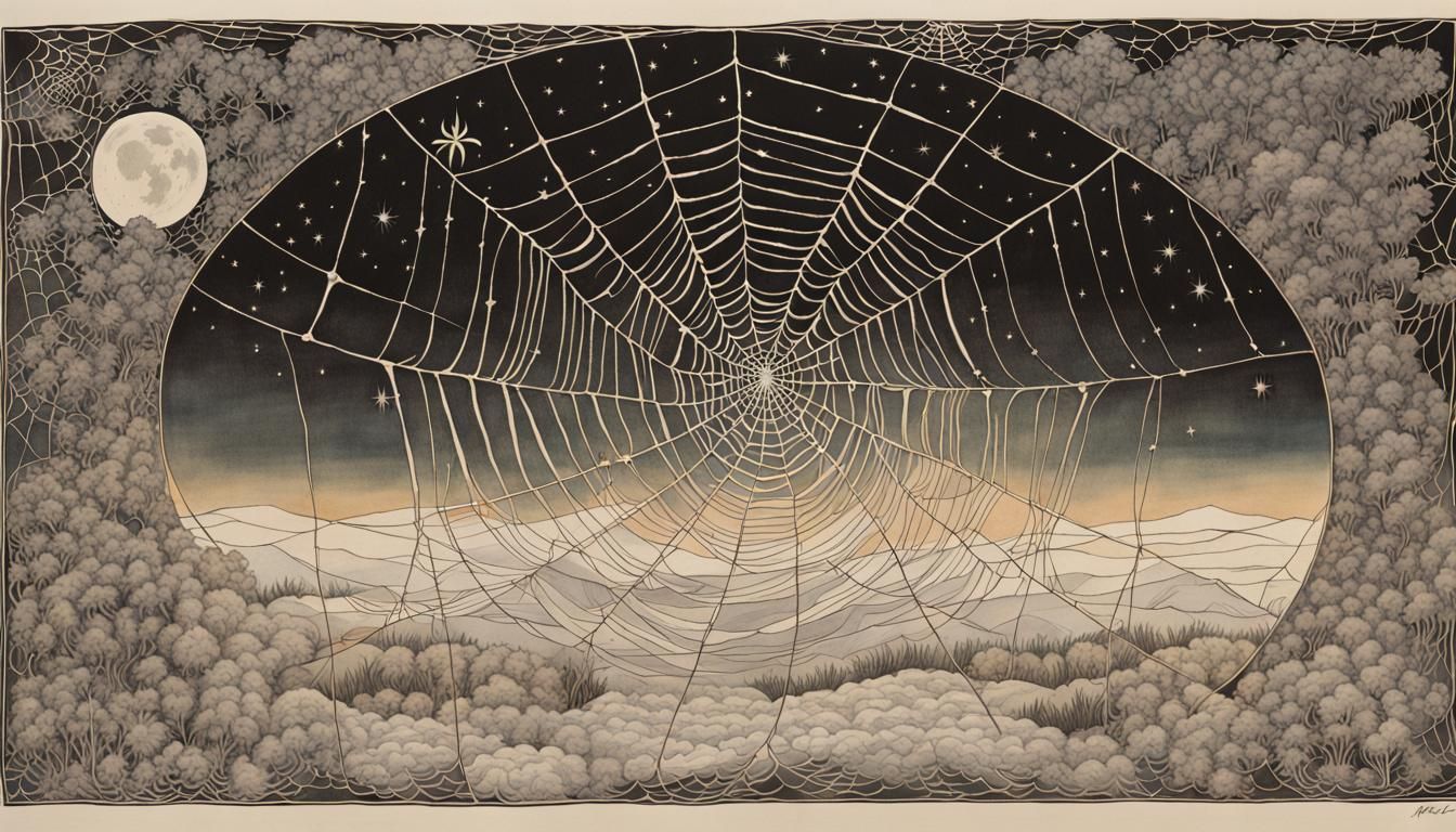 Cartoon Spider Web Under Crescent Moon Night