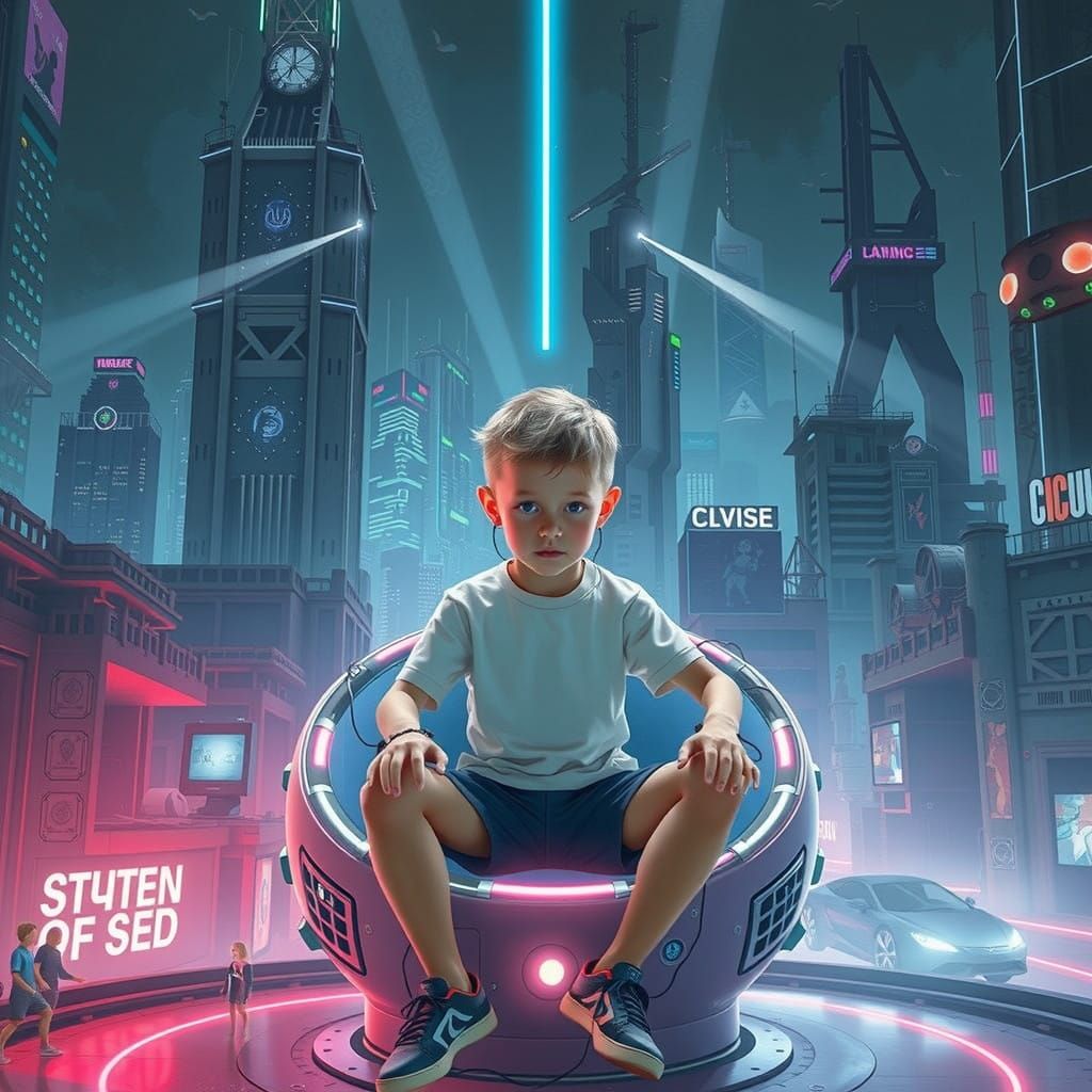 Cyberpunk Boy Surrounded by Futuristic Tech in a High-Tech L...