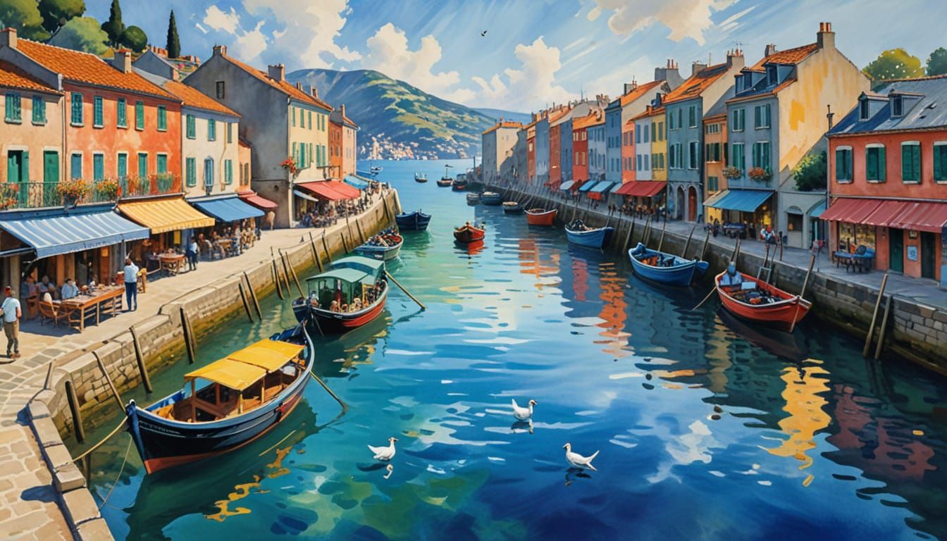 Cozy Mediterranean Harbour Scene in Warm Realism