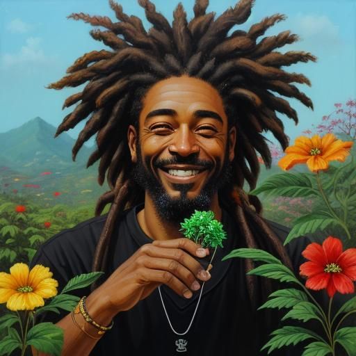 Joyful Dreadlocked Gardener in Oil Painting