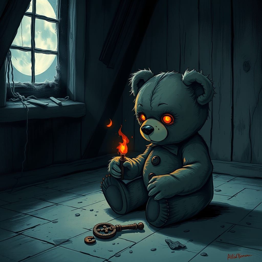 Ember-Eyed Teddy Bear in Dusty Attic, Gothic Style