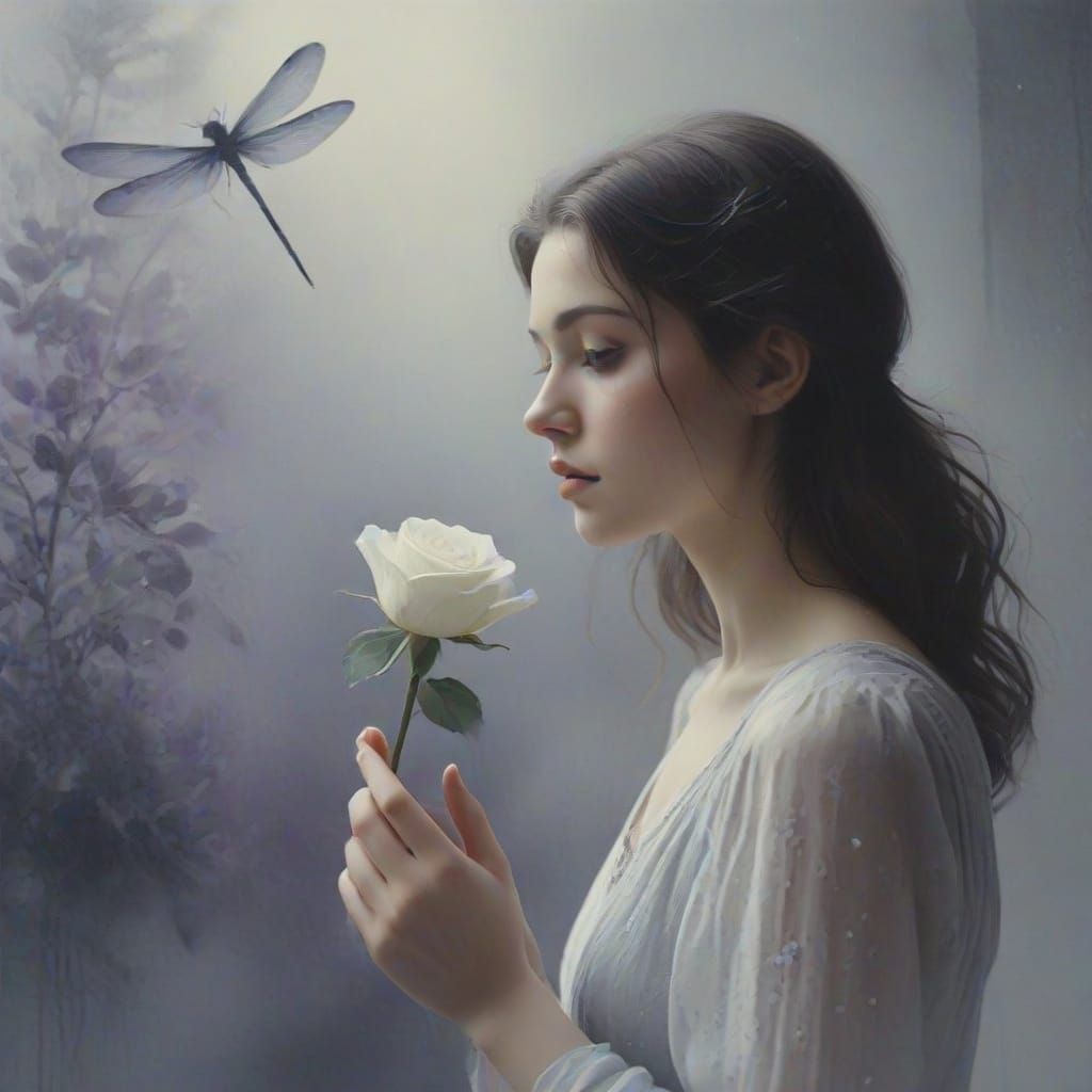 Sad  Girl with White Rose and a Dragonfly