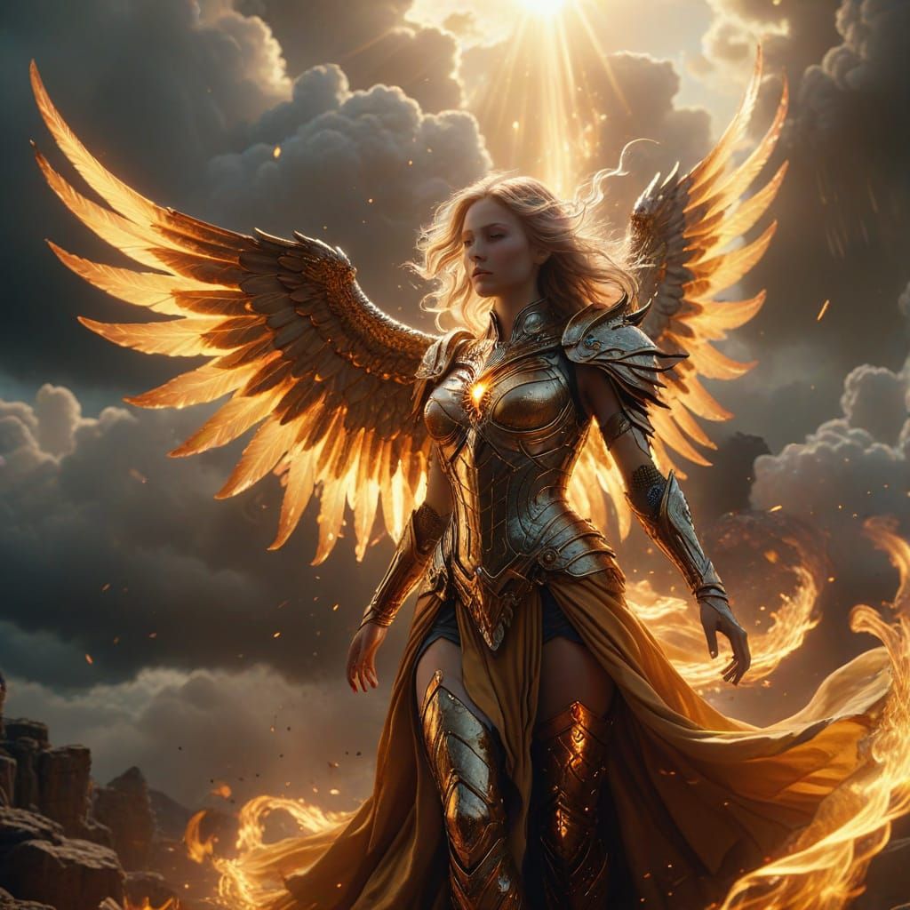 Majestic Winged Figure Soars in Golden Hour