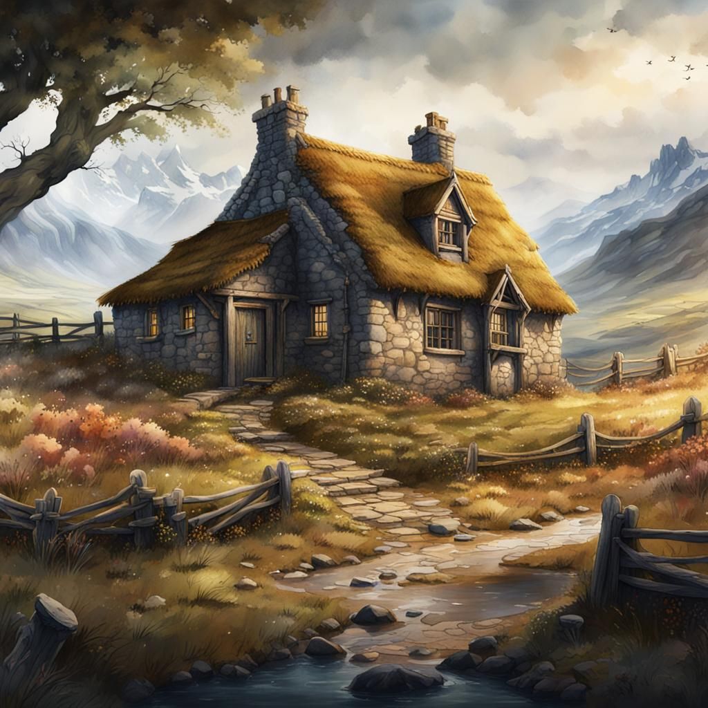 Scottish Croft in Watercolour Style