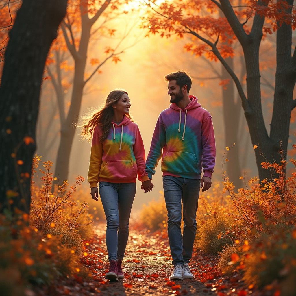 Couple Strolling Through Autumn Forest in Tie-Dye