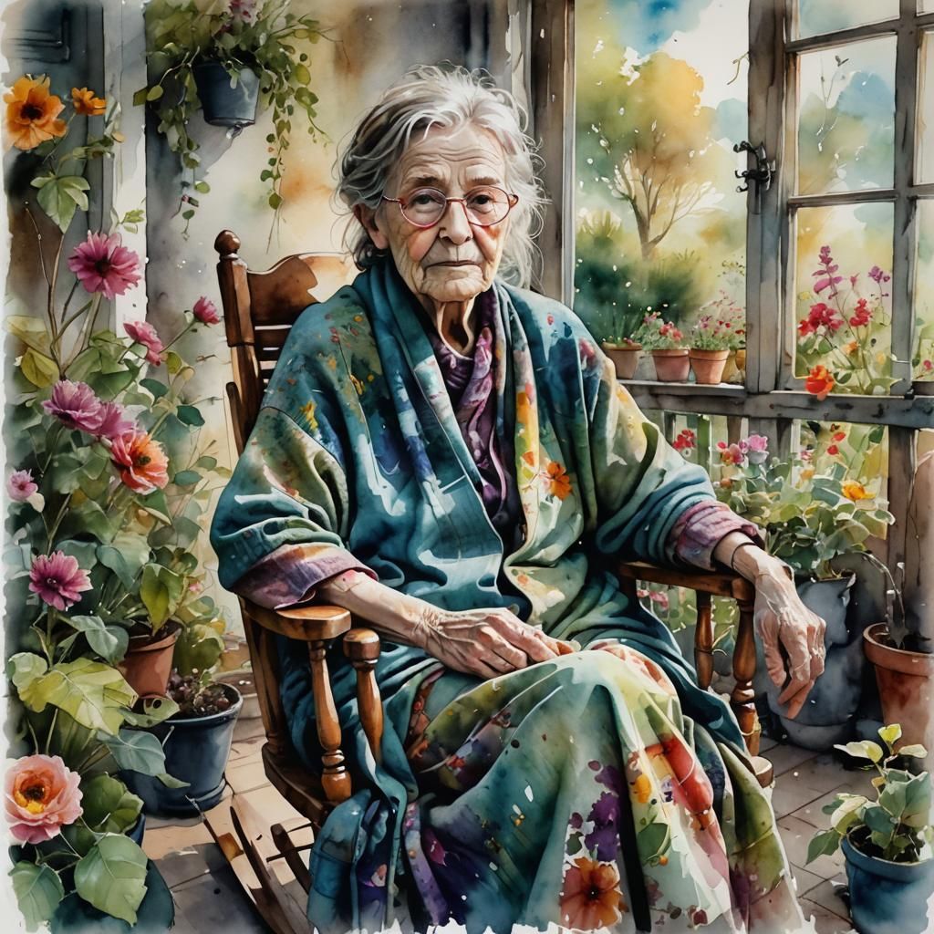 Happy Woman in Garden, Watercolor and Ink Portrait