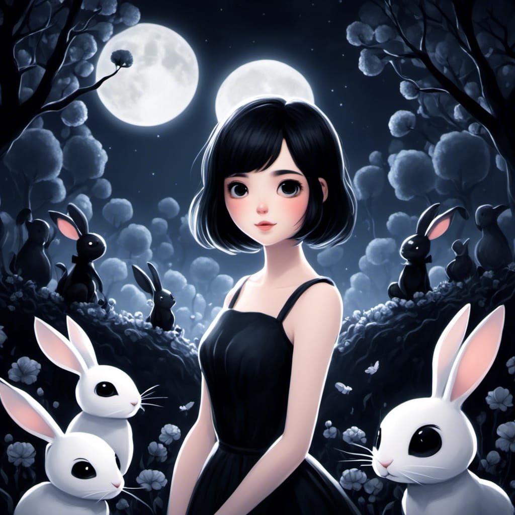 Girl with Rabbits and Moon in Hollow Knight Style