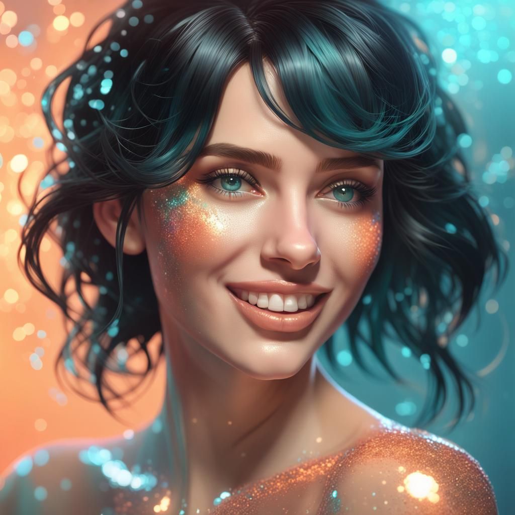 Glittering Woman with Black Hair in Pastel Colors