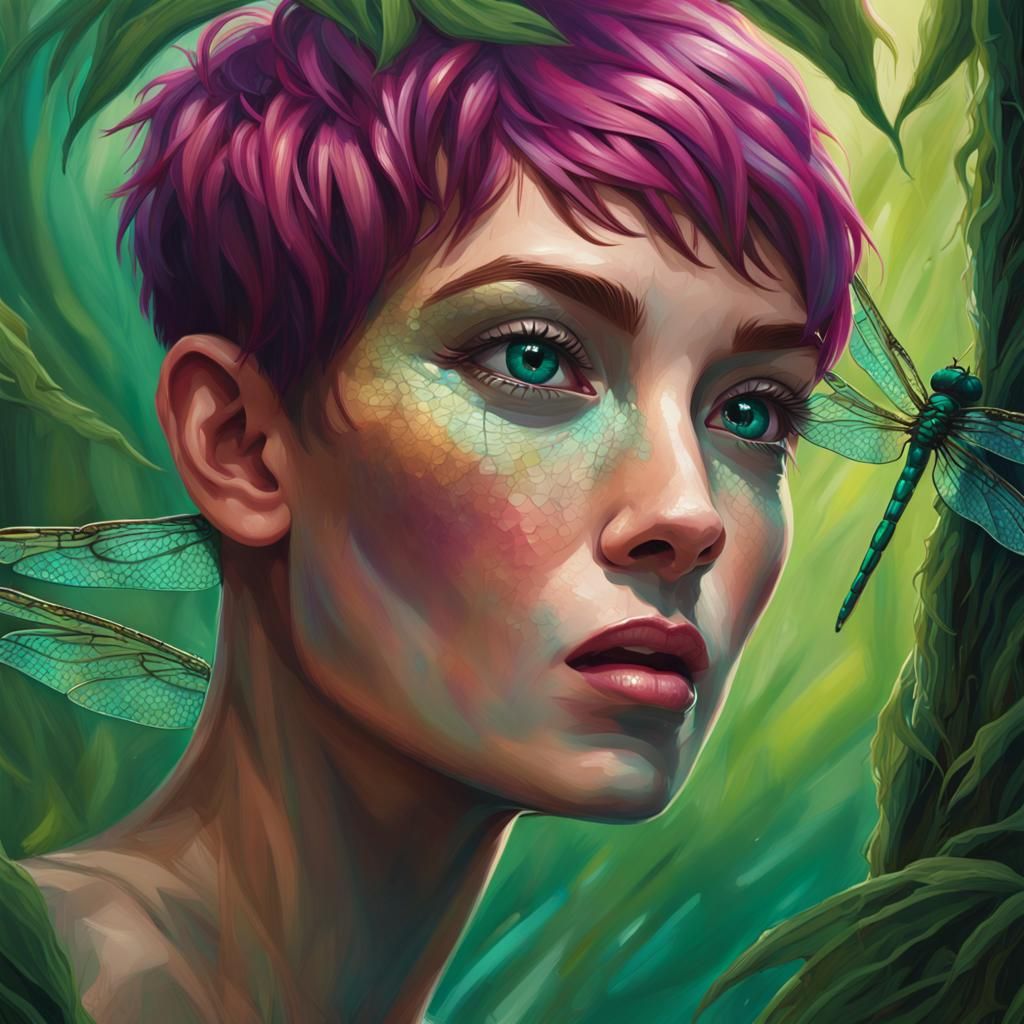 Woman with Dragonfly Wings in Rainforest: Acrylic Painting