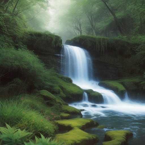 Majestic Waterfall in a Lush Forest