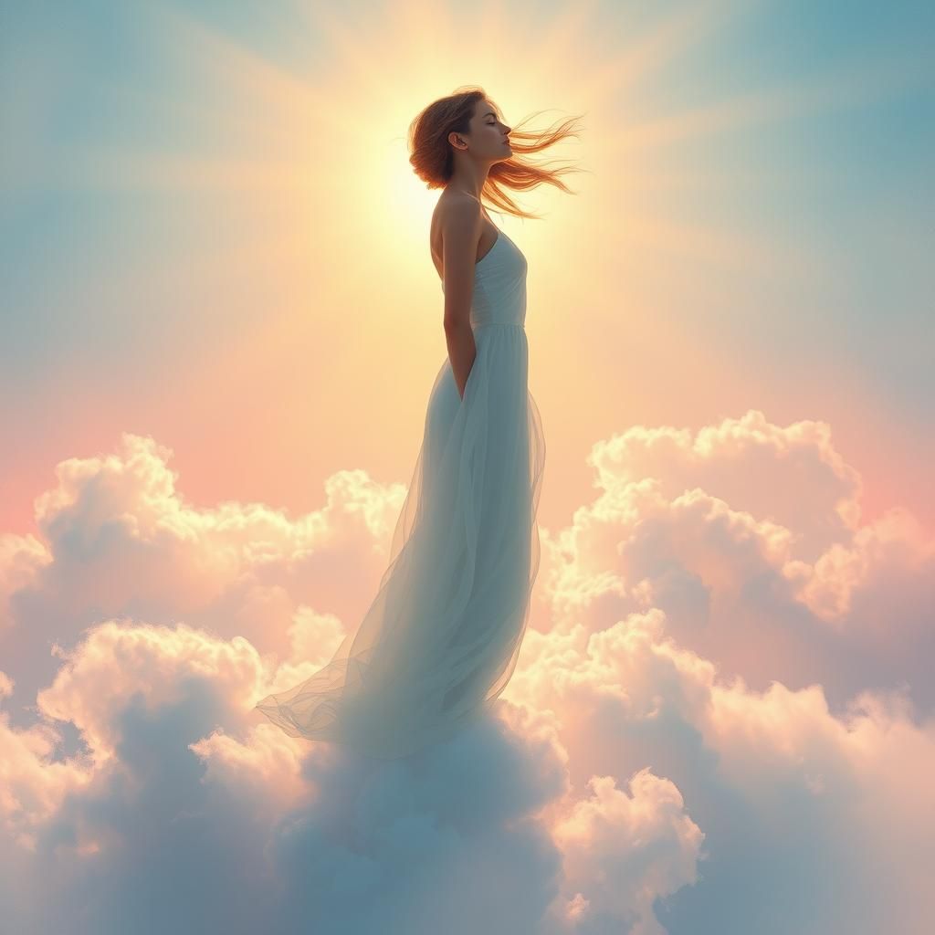 Ethereal Woman Dissolving into Clouds, Dreamy Art