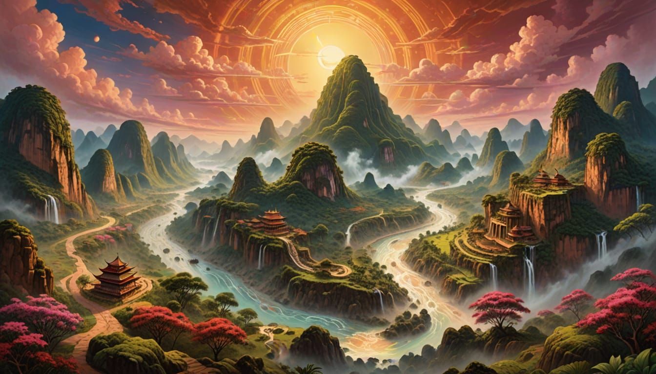 Sunset Over Mountain River Valley