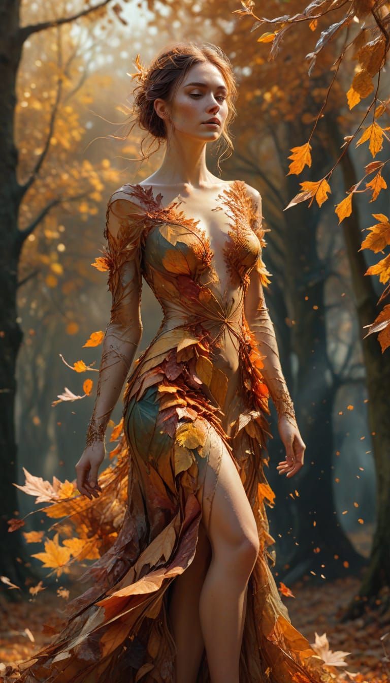 Woman in Autumn Leaf Dress: Hyperdetailed Fashion Illustrati...