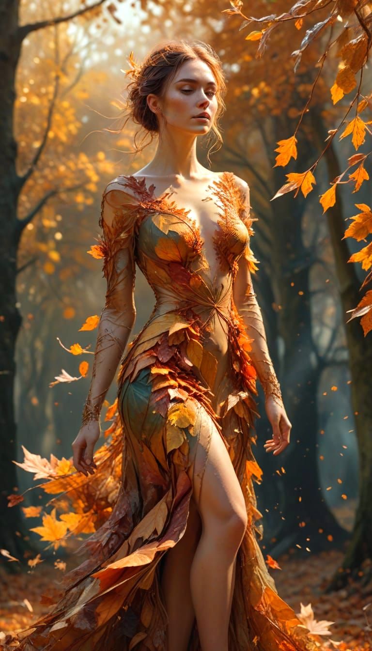 Woman in Autumn Leaf Dress, Split Screen Reflection