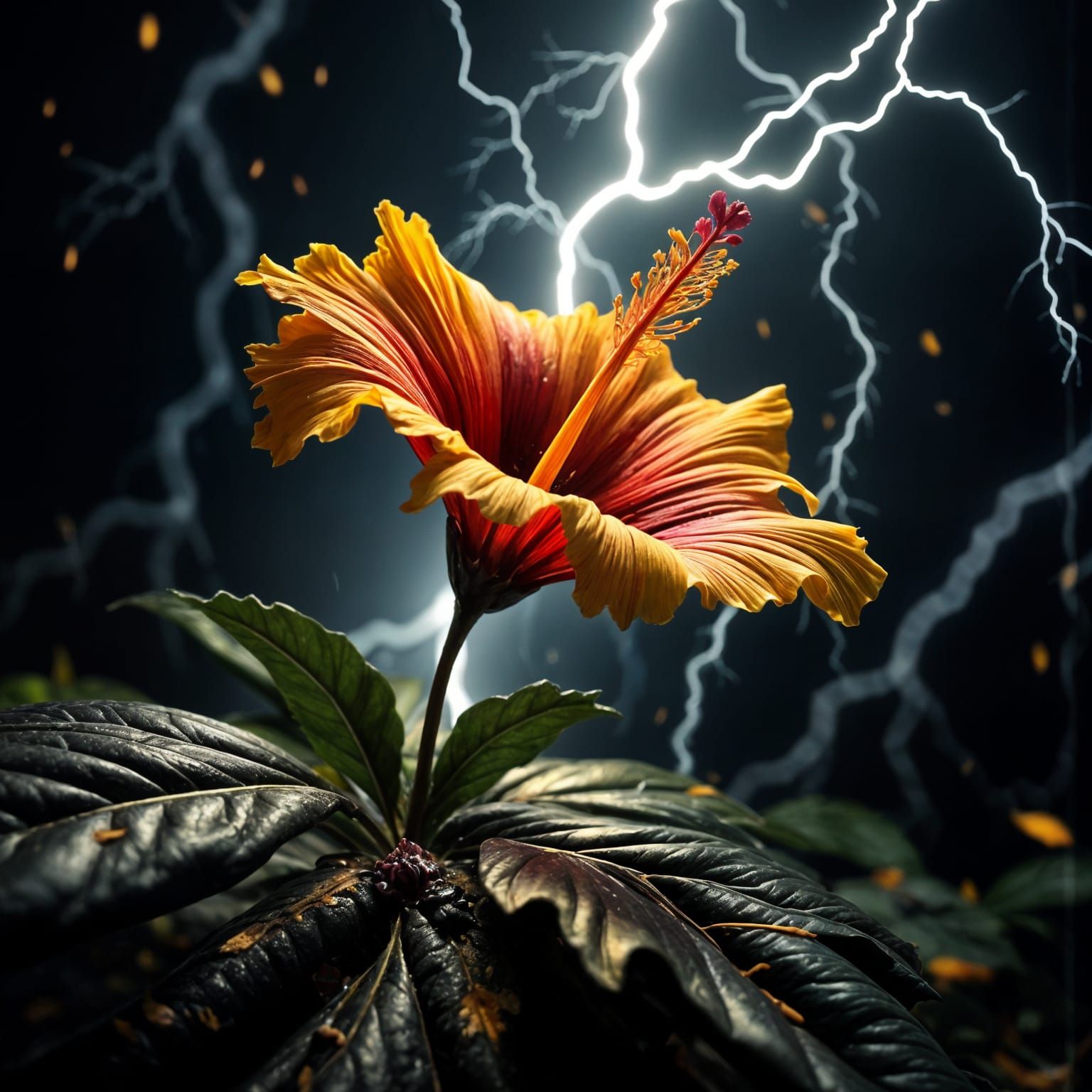 Ethereal Hibiscus in a Thunderous Storm Scene