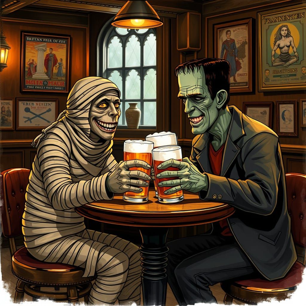 Jovial Mummy and Frankenstein Share a Pint in Cozy British P...
