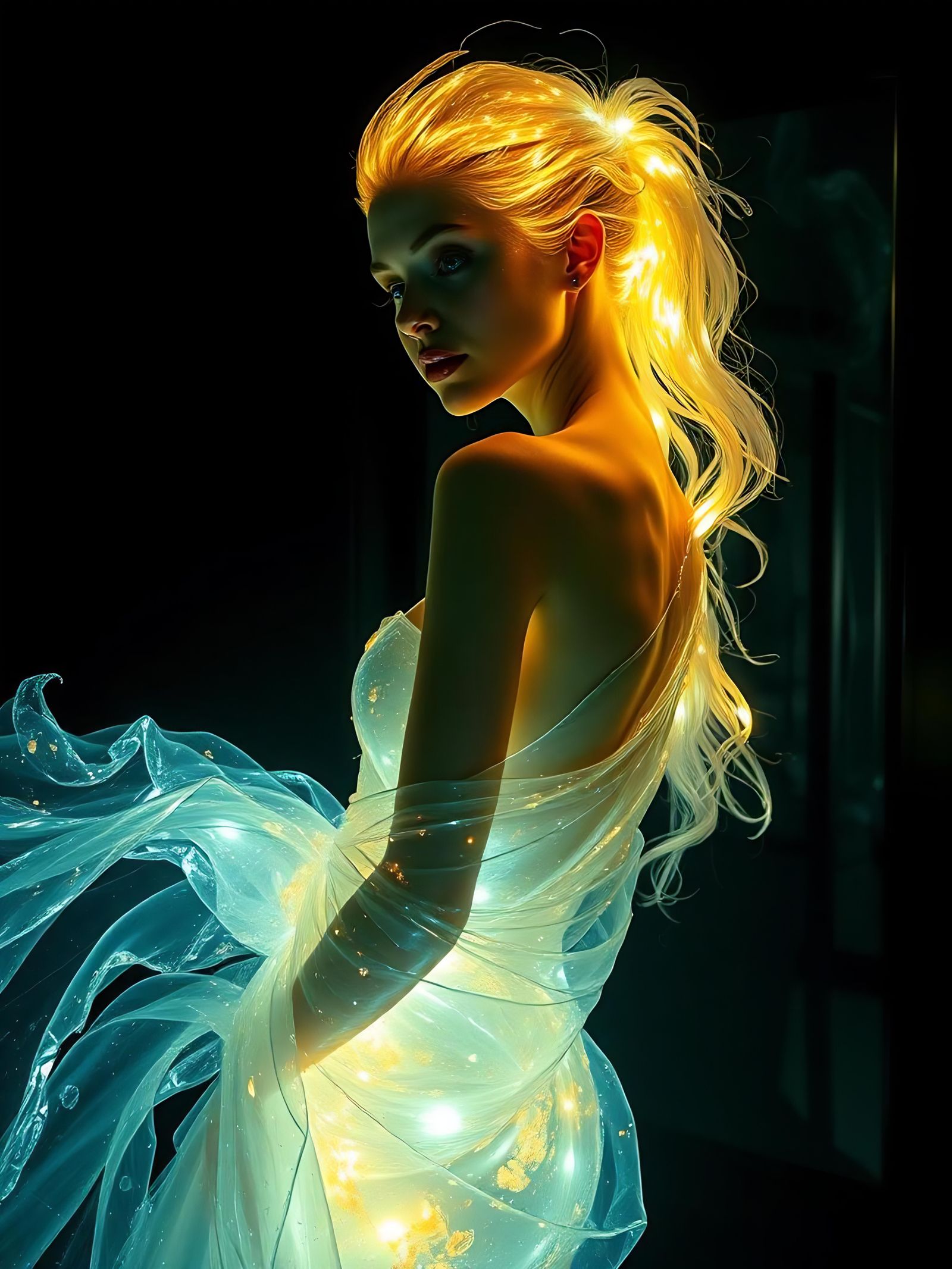 Bioluminescent Fire Nurse in Mirrored Chamber