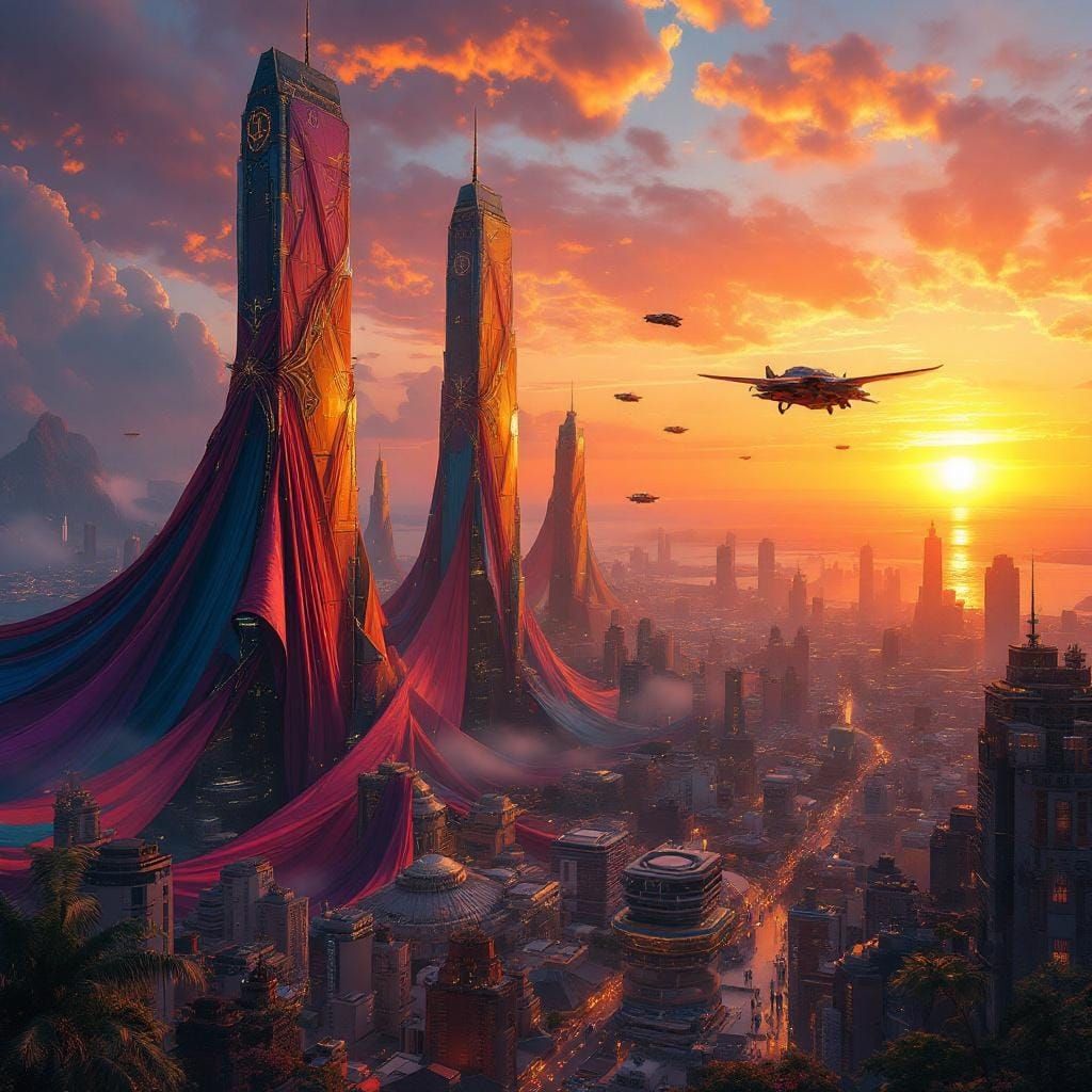 Futuristic Cityscape with Flowing Fabrics and Flying Vehicle...