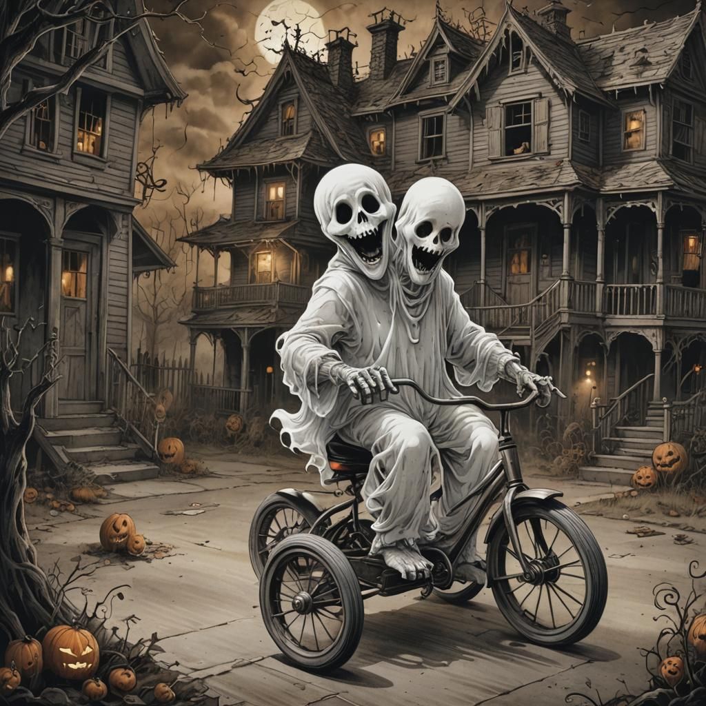 Playful Ghost Rides Tricycle in Haunted House
