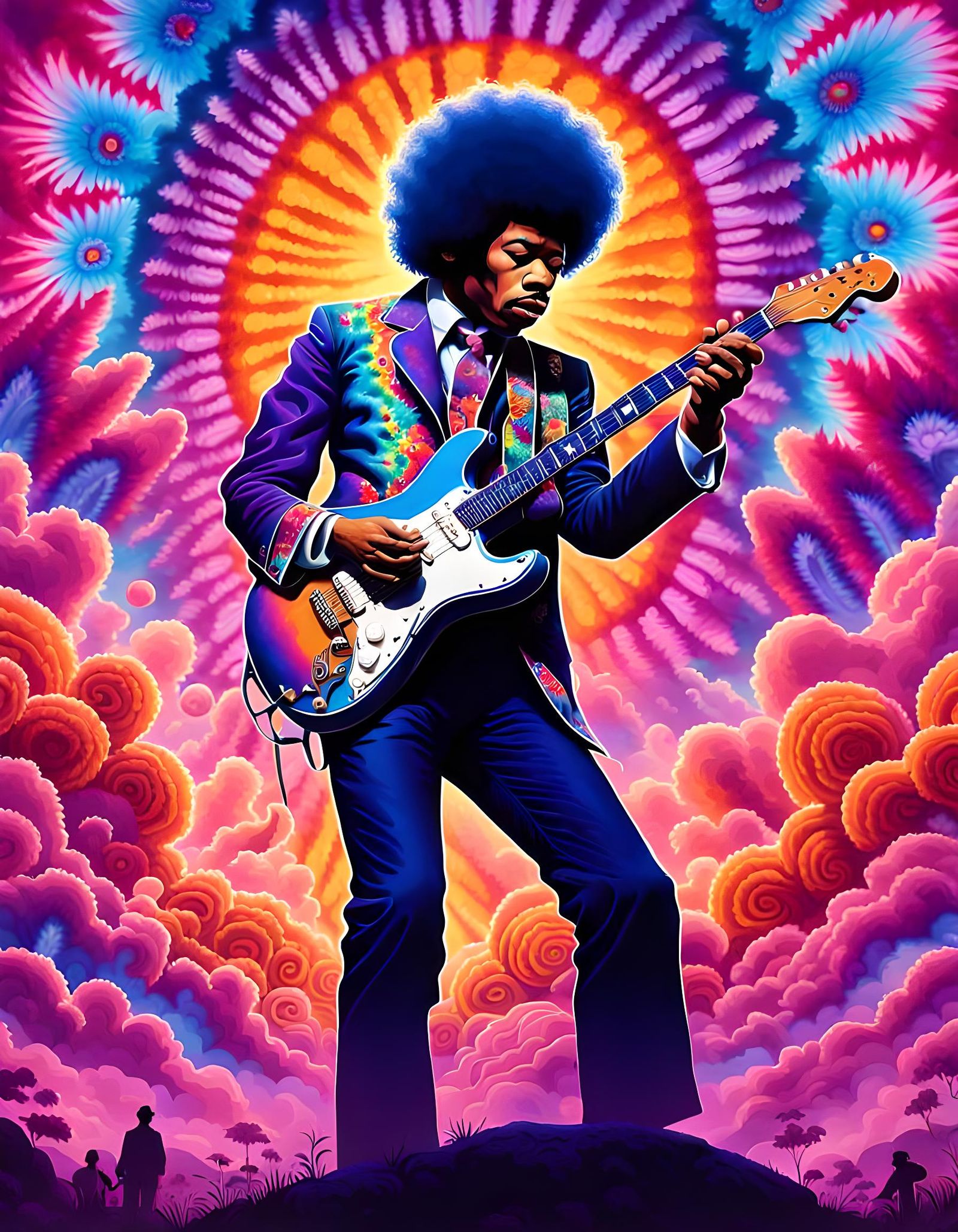 Jimi Hendrix Silhouette in Psychedelic Pop Surrealism